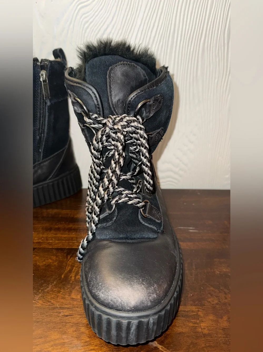 Pajar Black Faux Fur Lace-Up Platform Ankle Boots